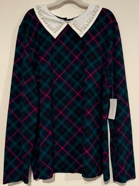 Charter Club Embellished-Collar Plaid Top Size Large